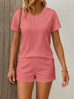 Two-Piece Set Women's Solid Color V Neck Tee & Shorts, Casual Short Sleeve T-shirt & Shorts for Spring & Fall, Ladies Clothes...
