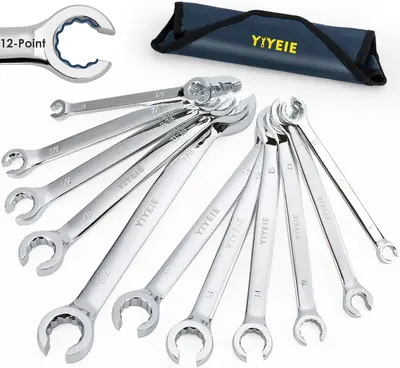 11-Piece Flare Nut Wrench Set, Metric & SAE, 12-Point Line Wrench Set for Brake, Fuel and Tubing, CR-V Steel, 8mm-19mm & 1/4\...