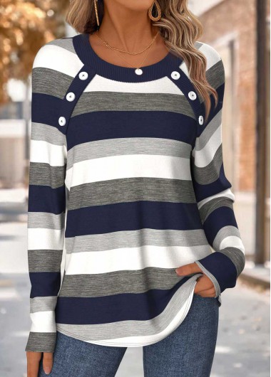 Modlily Navy Tummy Coverage Striped Long Sleeve T Shirt - L