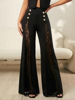 Women's Solid Button Decor Semi-sheer Wide Leg Pants, Elegant Fashion Chic Casual Trousers for Daily Outdoor Wear, Women Bott...