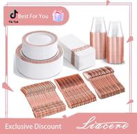 LIACER 350pcs rose gold party plate set, 50 dinner plates, salad plates, napkins, plastic cups, disposable knives, forks, spo...
