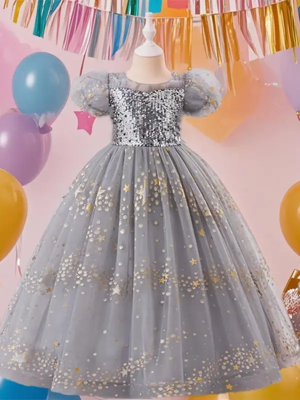 Girl's Glitter Sequin Splice Tulle Party Dress, Elegant Contrast Mesh Princess Dress for Piano Performance Host, Kids Clothes...
