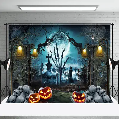 Aperturee Deserted Manor Skeleton Cemetery Halloween Backdrop - Aperturee