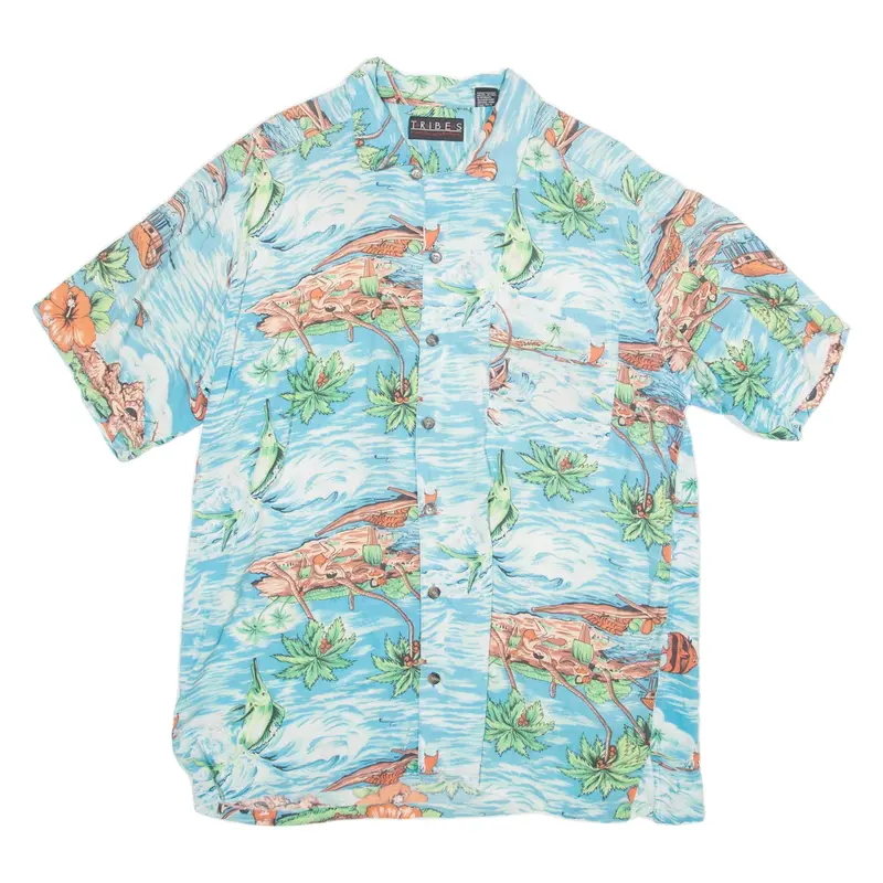 TRIBES Mens Hawaiian Shirt Blue Floral L