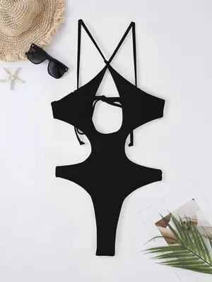 Women's Plain Criss Cross Cut Out Backless One-piece Swimsuit, Solid Spaghetti Strap Tie Back Swimwear, Bathing Suits 2024 fo...