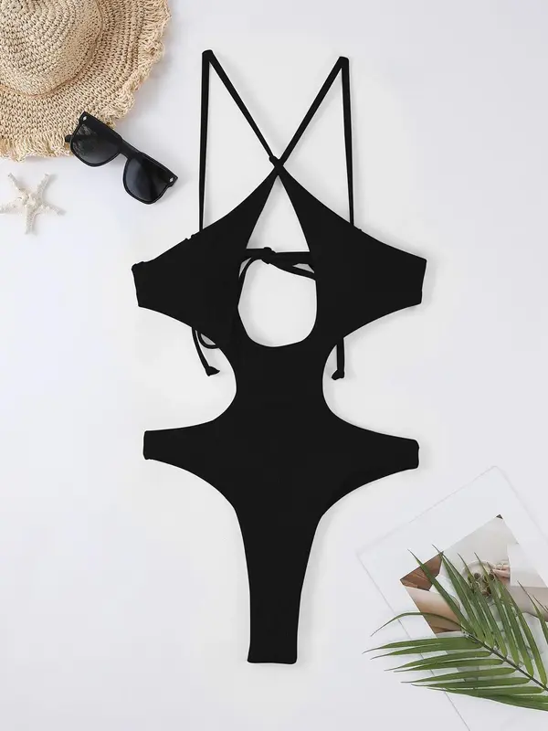 Women's Plain Criss Cross Cut Out Backless One-piece Swimsuit, Solid Spaghetti Strap Tie Back Swimwear, Bathing Suits 2024 fo...