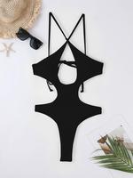 Women's Plain Criss Cross Cut Out Backless One-piece Swimsuit, Solid Spaghetti Strap Tie Back Swimwear, Bathing Suits 2024 fo...