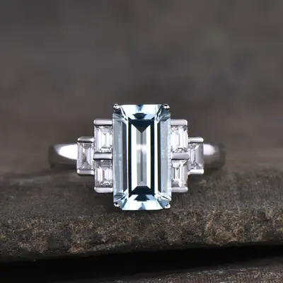 11x6mm Emerald Cut Aquamarine Engagement Ring Baguette Cut Diamond Accent