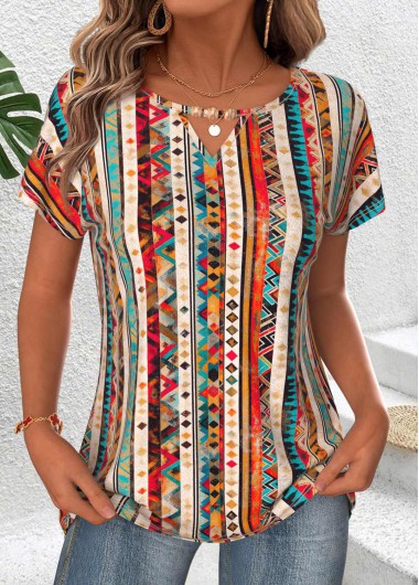 Modlily Multi Color Tummy Coverage Tribal Print T Shirt - M