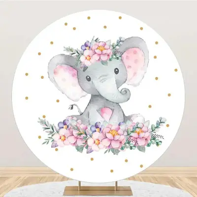 Pink Elephant Floral Dots Round Baby Shower Backdrop - Aperturee