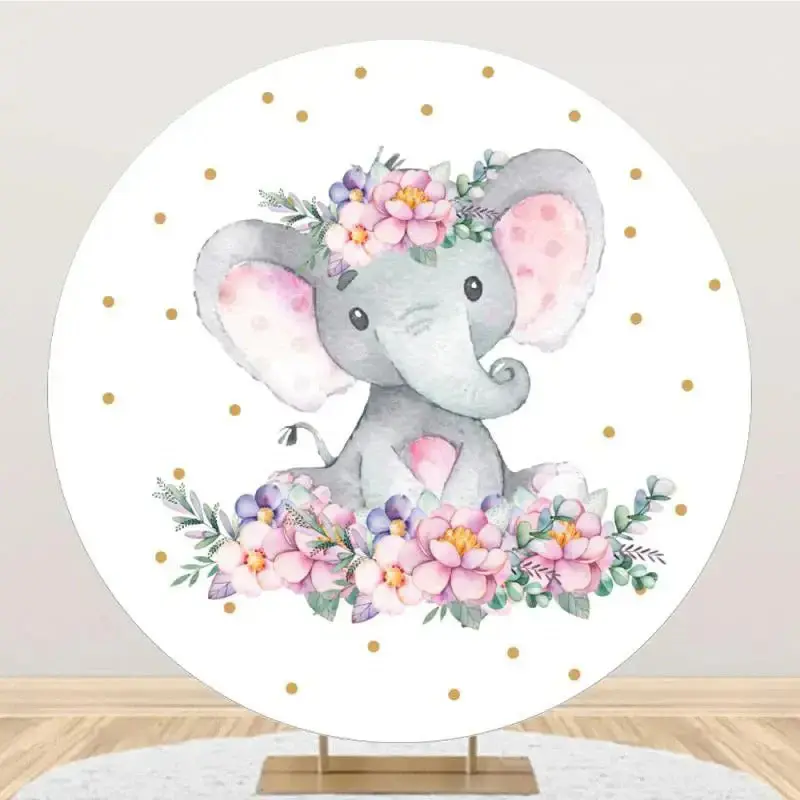 Pink Elephant Floral Dots Round Baby Shower Backdrop - Aperturee