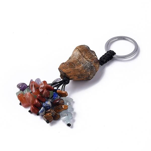 Natural Tiger Eye Nugget with Mixed Gemstone Chips Tassel Keychains