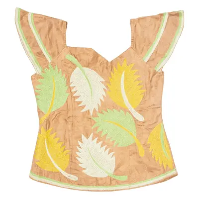 Leaf Design Tunic Top Orange V-Neck Short Sleeve Womens L