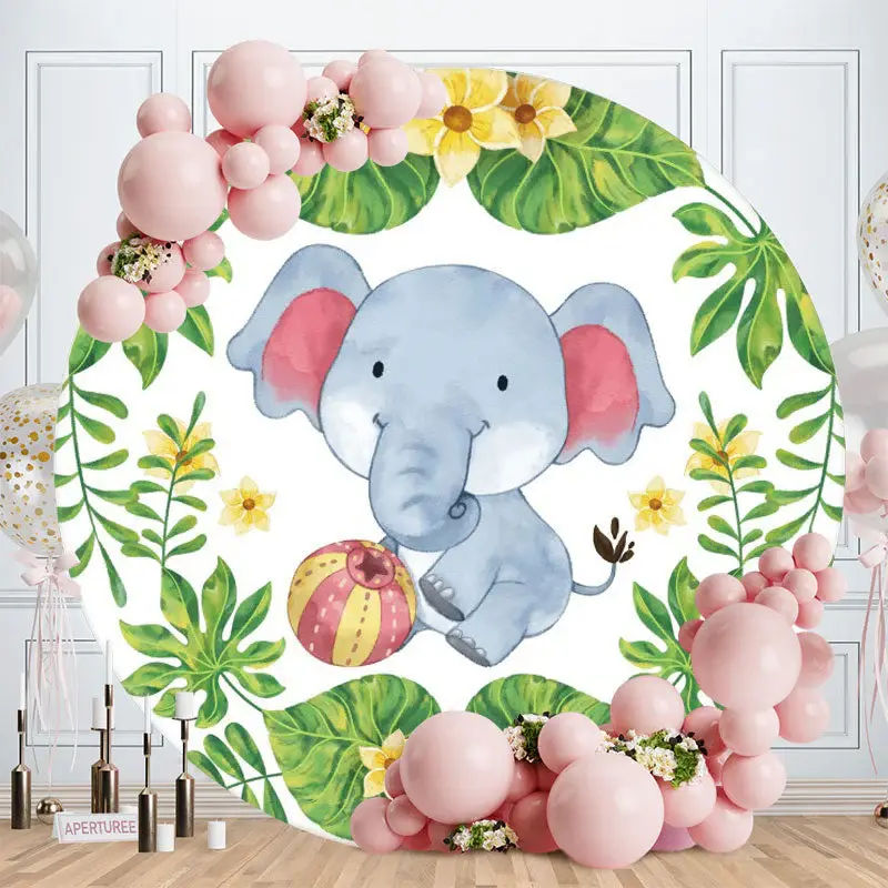 Aperturee Little Blue Elephant Round Birthday Backdrop