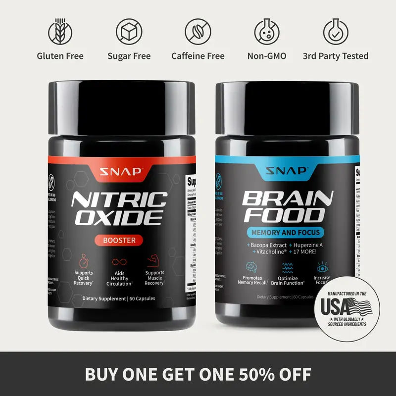 Snap Supplements - Nitric Oxide Booster 60ct + Brain Food Bundle - Natural Supplements
