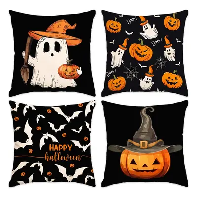 Halloween/Christmas Themed Cushion Cover, 4 Counts/set Ghost & Pumpkin Pattern Cushion Cover without Filler, Household Decora...