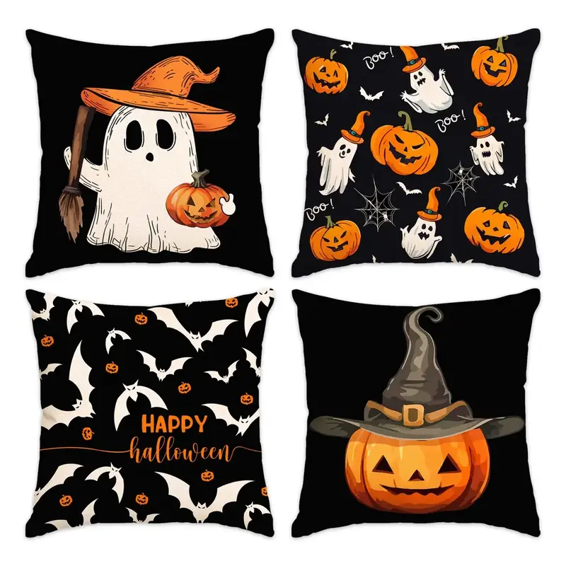 Halloween/Christmas Themed Cushion Cover, 4 Counts/set Ghost & Pumpkin Pattern Cushion Cover without Filler, Household Decora...