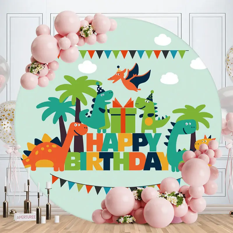 Aperturee Cute Dinosaur Round Happy Birthday Backdrop For Boy | Round Party Backdrop | Circular Birthday Backdrop Cover | Rou...