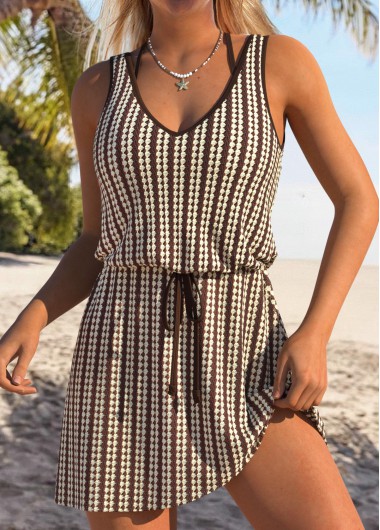 Modlily Tummy Coverage Striped Dark Coffee Cover Up - M