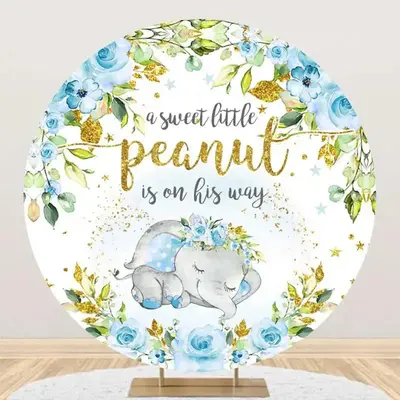 Blue Elephant Floral Gold Round Baby Shower Backdrop - Aperturee