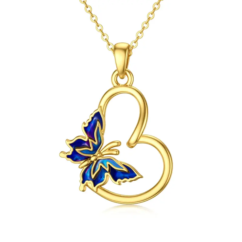 14K Gold Butterfly & Heart Pendant Necklace