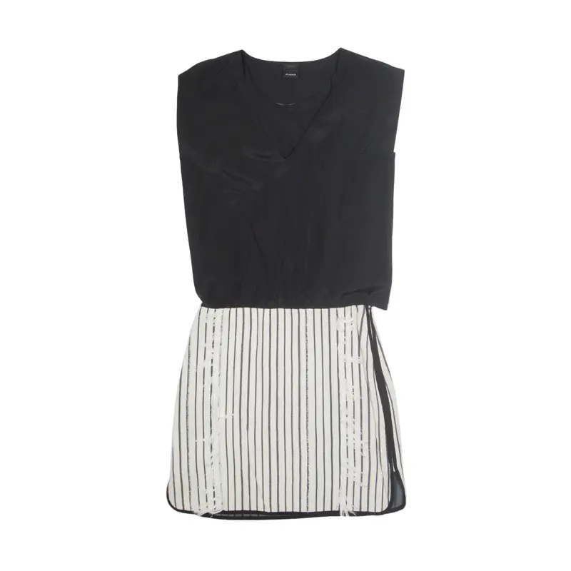 PINKO Tassel Mini Dress Black Striped Sleeveless Short Womens UK 10