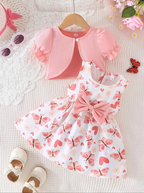 Baby Girl's Butterfly Print Bow Decor Sweatshirt & Dress Set, Cute Casual Long Sleeve Pullover Top & Dress for Daily Wear, Ne...