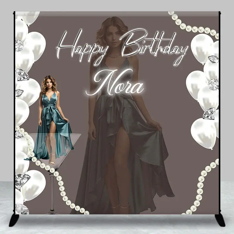 Custom Name Photo Elegant Happy Birthday Backdrop