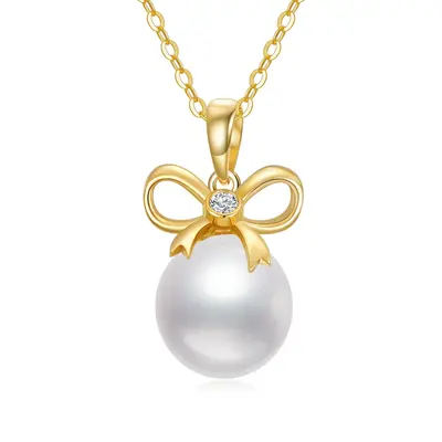 14K Gold Round Pearl Bow Pendant Necklace