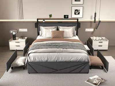 Full/Queen LED Bed Frame, Storage Headboard with Charging Station, Solid and Stable, Noise Free, No Box Spring Needed, Easy A...