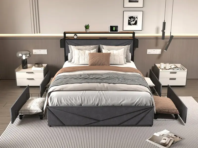 Full/Queen LED Bed Frame, Storage Headboard with Charging Station, Solid and Stable, Noise Free, No Box Spring Needed, Easy A...