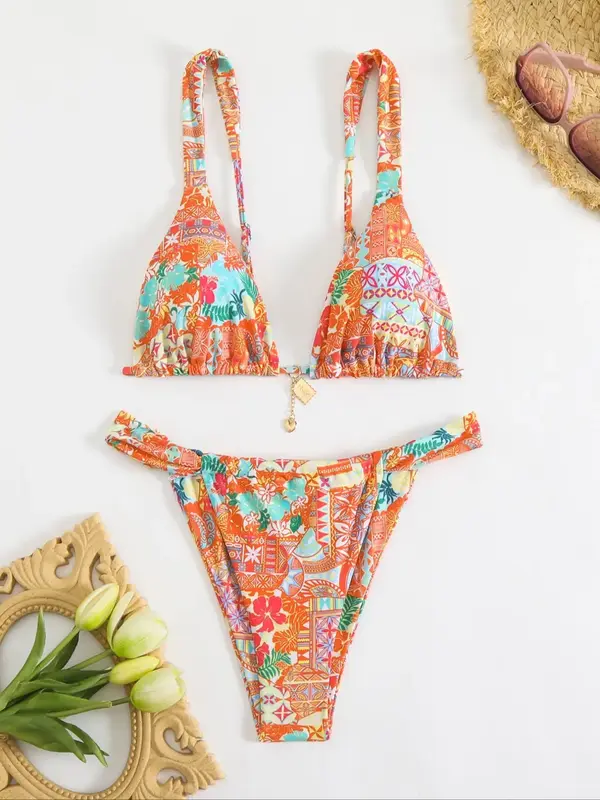 Women's Ditsy Floral Print Tie Back Swim Top & Swim Bottom Bikini Outfits Set, Casual Fashion Chic Backless Swim Top & Swim B...