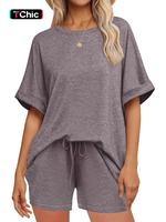 【plus Size】 Solid Color Short Sleeve Tee & Drawstring Waist Shorts Two-piece Set, Casual Round Neck T-shirt & Pocket Shor...