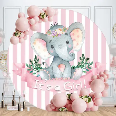 Aperturee Pink-White Stripe Elephant Circle Baby Shower Backdrop