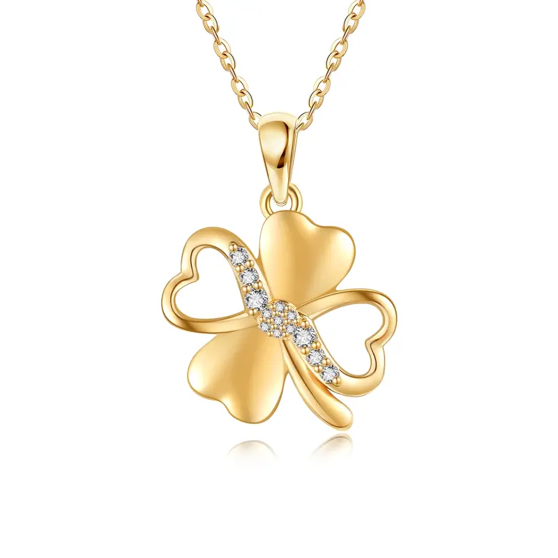 14K Gold Cubic Zirconia Four Leaf Clover Pendant Necklace