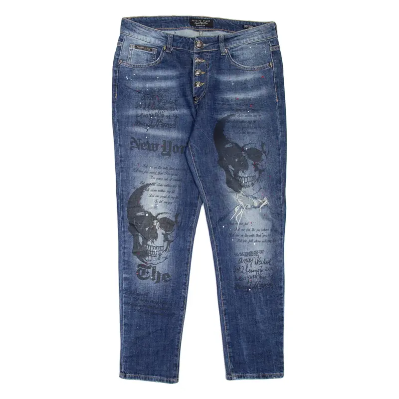 PHILIPP PLEIN Distressed Womens Jeans Blue Regular Mom Stone Wash W32 L28