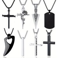 8 Pcs Necklace for Men, Mens Necklaces Jewelry Set, Black and Silver Stainless Steel Necklace, Cross Pendant Necklace, 16-24 ...