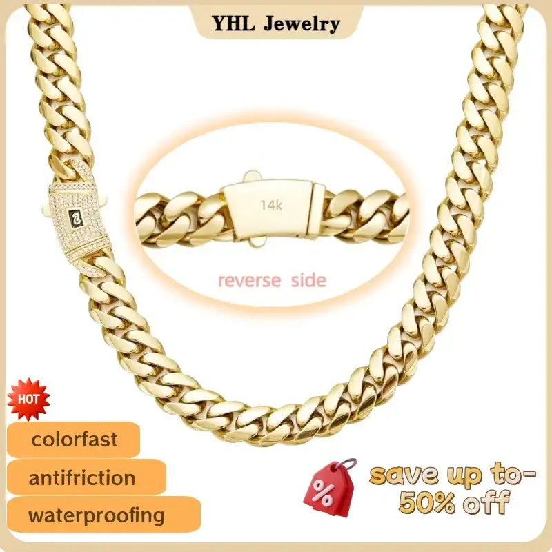 YHL Mens/Women Light Golden(14k) Cuban Link Necklace Stainless Steel Miami Thick Necklace Hip Hop Jewelry 6/8/10/12/14MM chai...