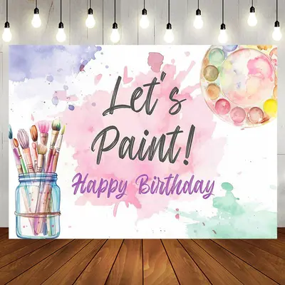 Lets Paint Brush Watercolor Happy Birthday Backdrop - Aperturee