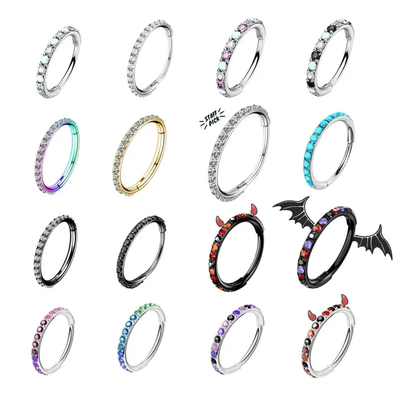 OUFER 20G Micro Gem CZ Hinged Nose Nostril Piercing Hoop Ring 316L Stainless Steel Body Jewelry Black Purple Pink Green Blue ...