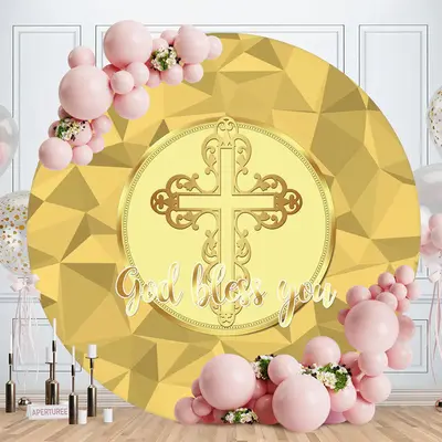 Aperturee Gold God Bless You Round Baby Shower Backdrop