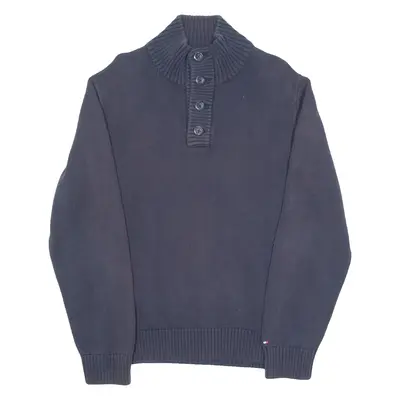 TOMMY HILFIGER Mens Jumper Blue Button Neck Tight Knit L
