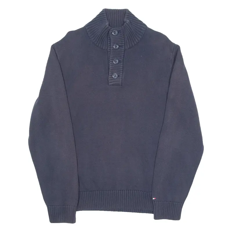 TOMMY HILFIGER Mens Jumper Blue Button Neck Tight Knit L