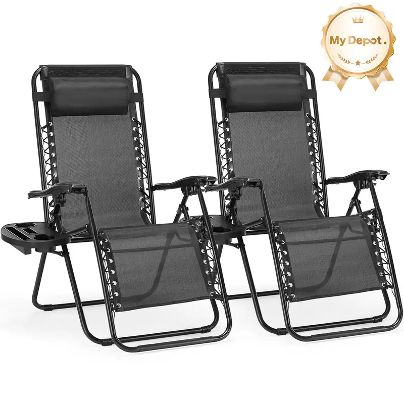 Set of 2 Zero Gravity Chairs with Cup Holder Trays, Portable Recliner Beach Camping Patio Outdoor Folding Lounge Chairs for P...