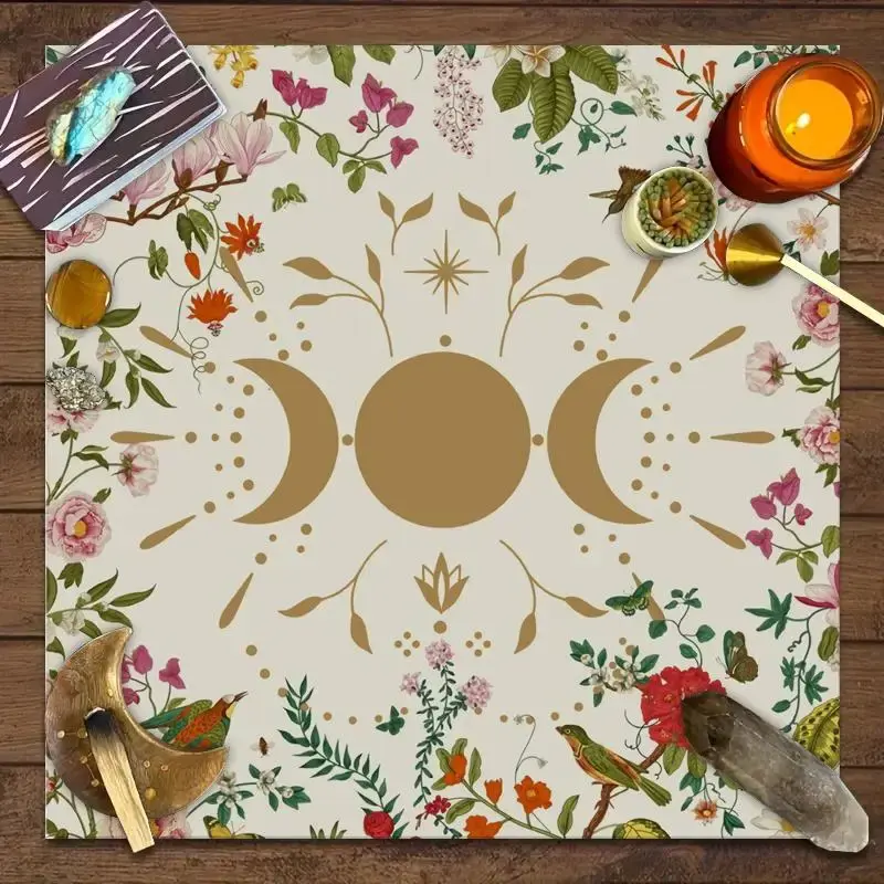 Floral Moon Tarot Theme Square Tablecloth, Moon & Floral Patterned Tablecloth For Home Decor