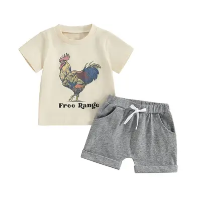 Canrulo Toddler Baby Boys Farm Outfit Short Sleeve Rooster Print T-Shirt and Solid Color Shorts Set Summer Clothes