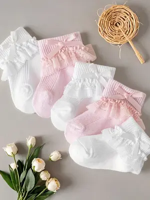 Girl's Solid Color Bow Decor Lace Ruffle Trim Ankle Socks, Cute Comfy Breathable Socks for Daily Wear, Kid's Socks for All Se...