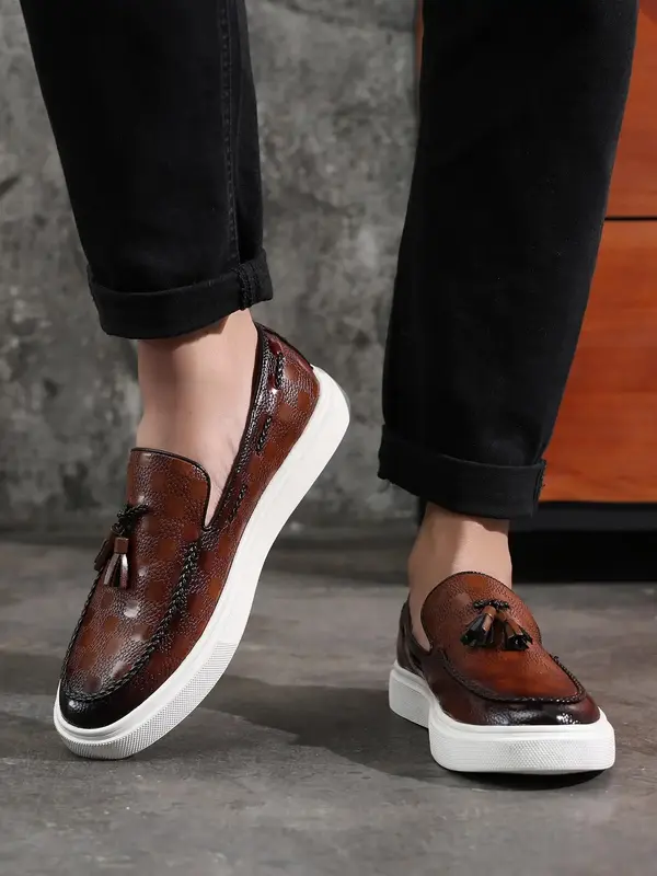 Men's Summer 2024 Fashion Checked Pattern Tassel Design Slip-on Loafers, Casual Comfortable Flat Shoes For Daily Life, Boy's ...