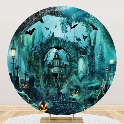 Round Scary Castle Skeleton Bats Halloween Backdrop