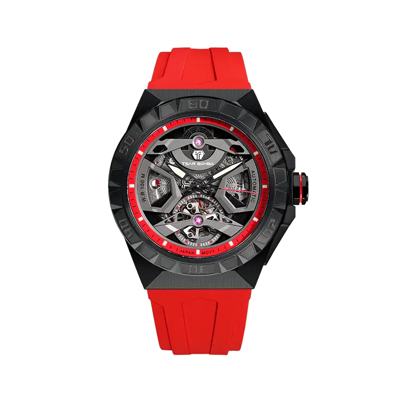 TSAR BOMBA Elemental Series Red Men's Automatic Mechanical Watch 閳ワ拷Stainless Steel Bezel & Case, Skeleton Dial, Sapphi...
